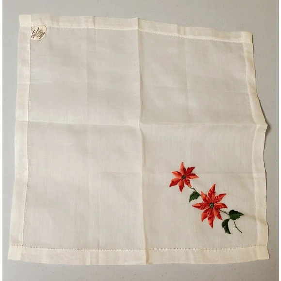 Vintage A Burmel Original Embroidered Poinsettia All Cotton Christmas Hankie New - Picture 4 of 7